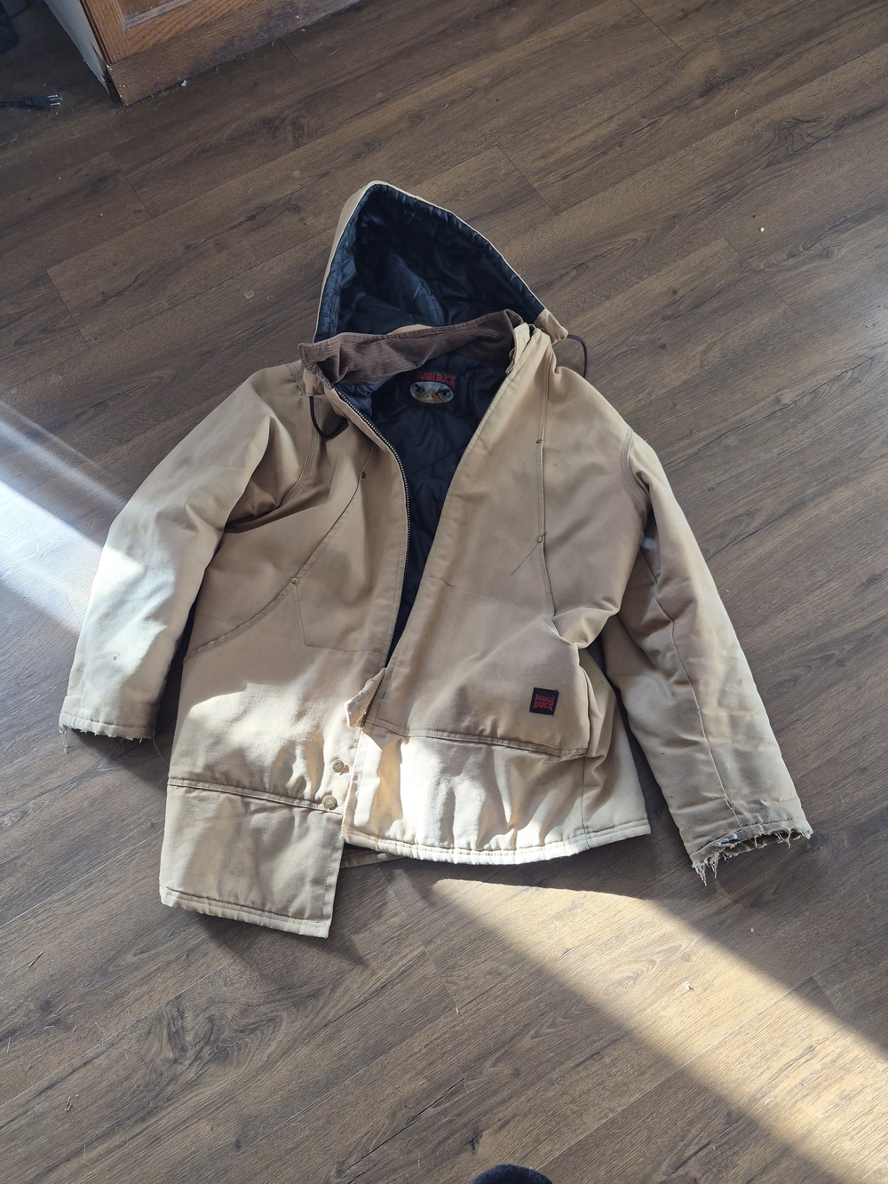 Men's Hooded Workstyle Puffer Jacket in Tan with Black Lining